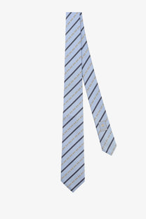 Gucci men’s silk tie grey with light blue fabric, diagonal navy stripes, and subtle gold chain motifs
