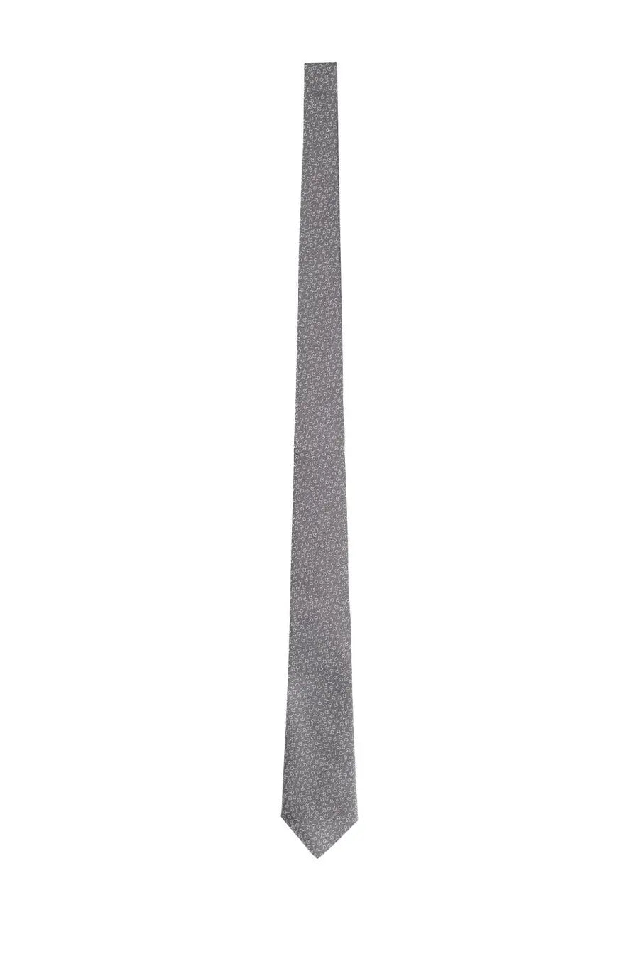 A sleek gray silk tie by Gucci featuring a subtle geometric pattern for men