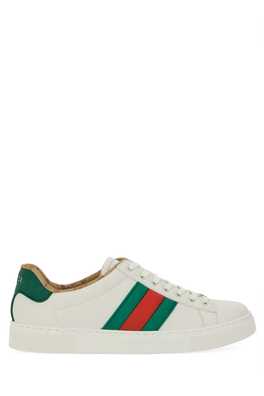 Gucci men’s sneaker Ace white featuring bold green and red leather stripes with a white rubber sole