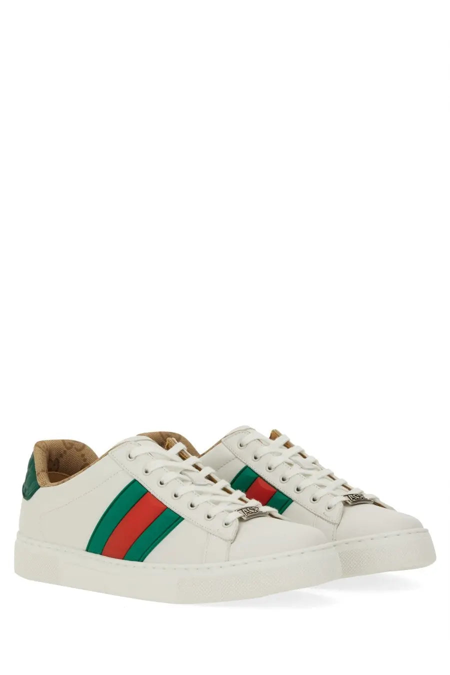 Gucci men’s sneaker ace white low-top sneakers with bold green and red stripes crafted from smooth leather