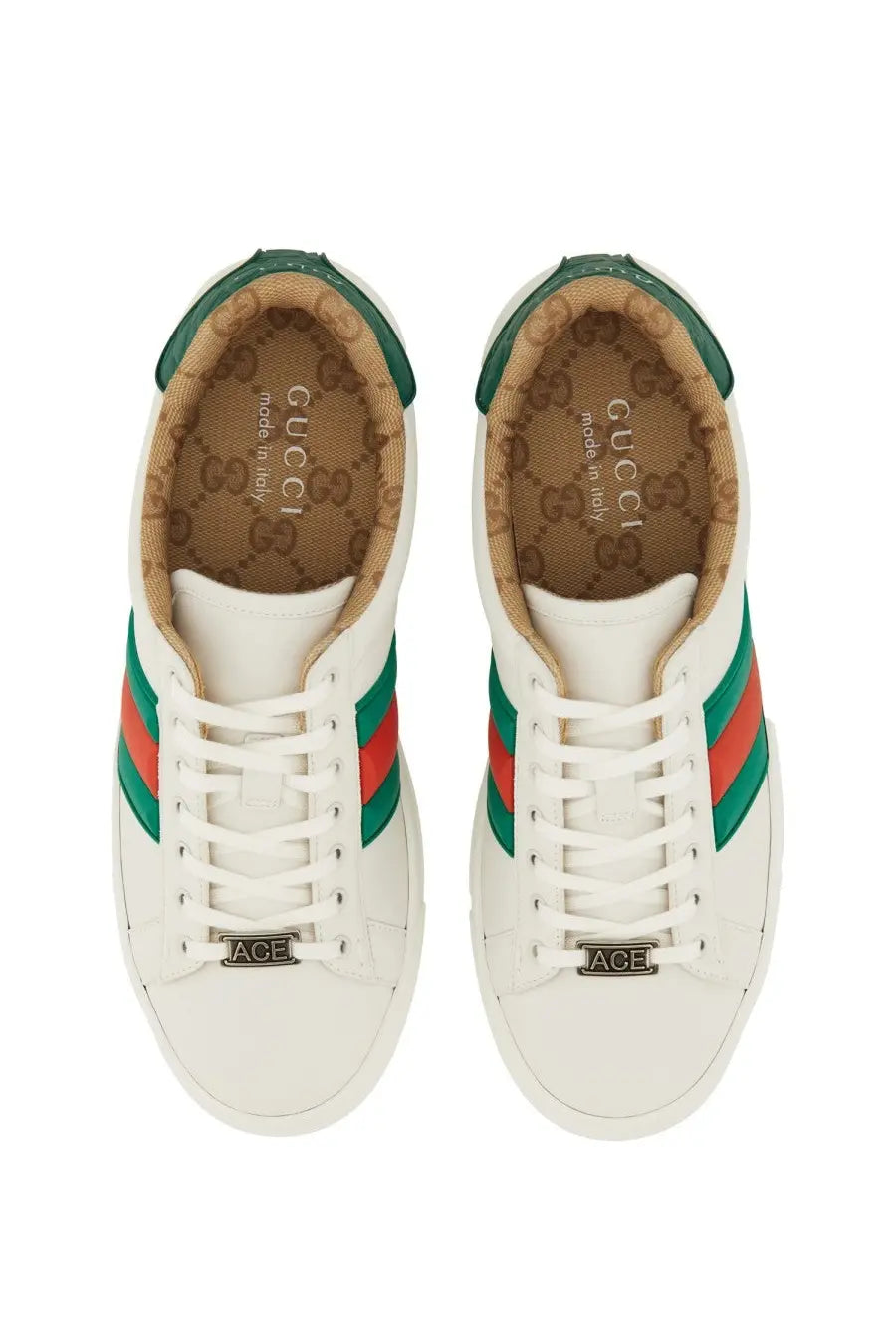 Gucci men’s sneaker ace white leather with green and red stripes and signature logo on the insole