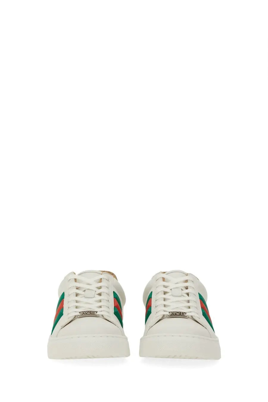 Gucci men’s sneaker ace white with green and red striped accents and metallic logo plaque at the toe