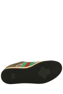 Olive green and beige gucci men’s sneaker screener multicolor with red green and white striped accents on the side