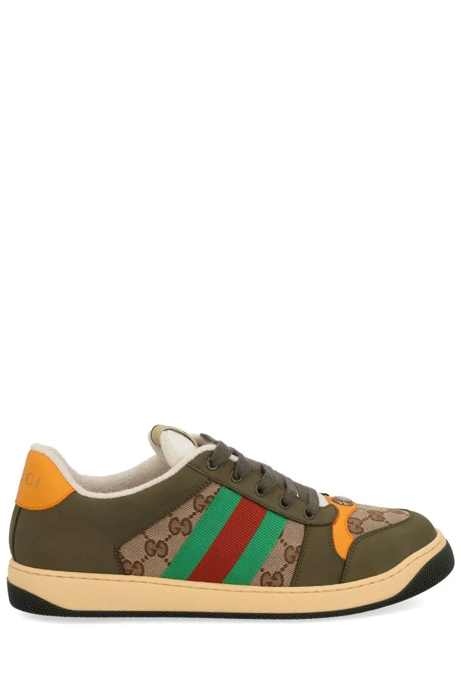 Gucci men’s sneaker screener multicolor in olive green with beige orange accents gg supreme pattern and red green stripes