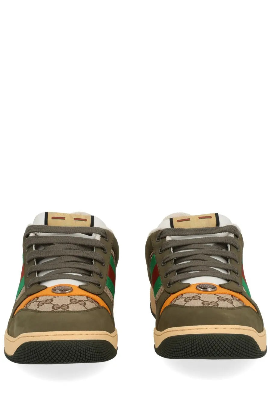 Gucci men’s sneaker screener multicolor in olive green and orange with gg supreme canvas red and green stripes beige soles
