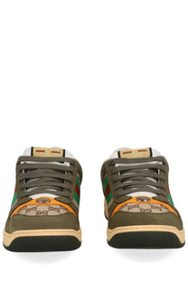 Gucci men’s sneaker screener multicolor in olive green and orange with gg supreme canvas red and green stripes beige soles