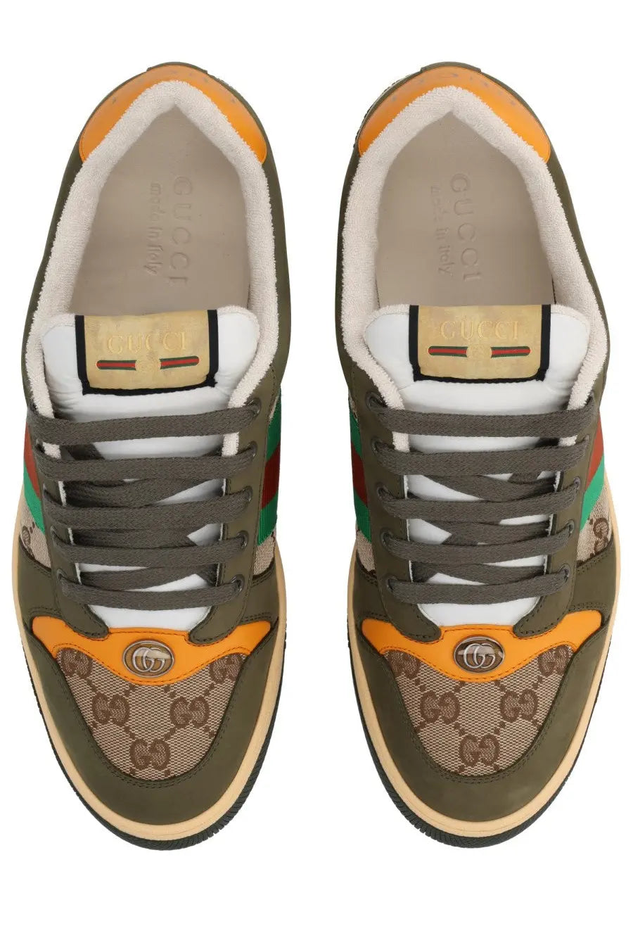 Gucci men’s sneaker screener multicolor with olive green and orange leather, brown gg supreme pattern, white lining, and red-green stripes