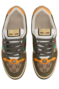 Gucci men’s sneaker screener multicolor with olive green and orange leather, brown gg supreme pattern, white lining, and red-green stripes