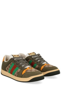 Gucci men’s sneaker screener multicolor olive green with gg supreme pattern red and green stripes orange panels