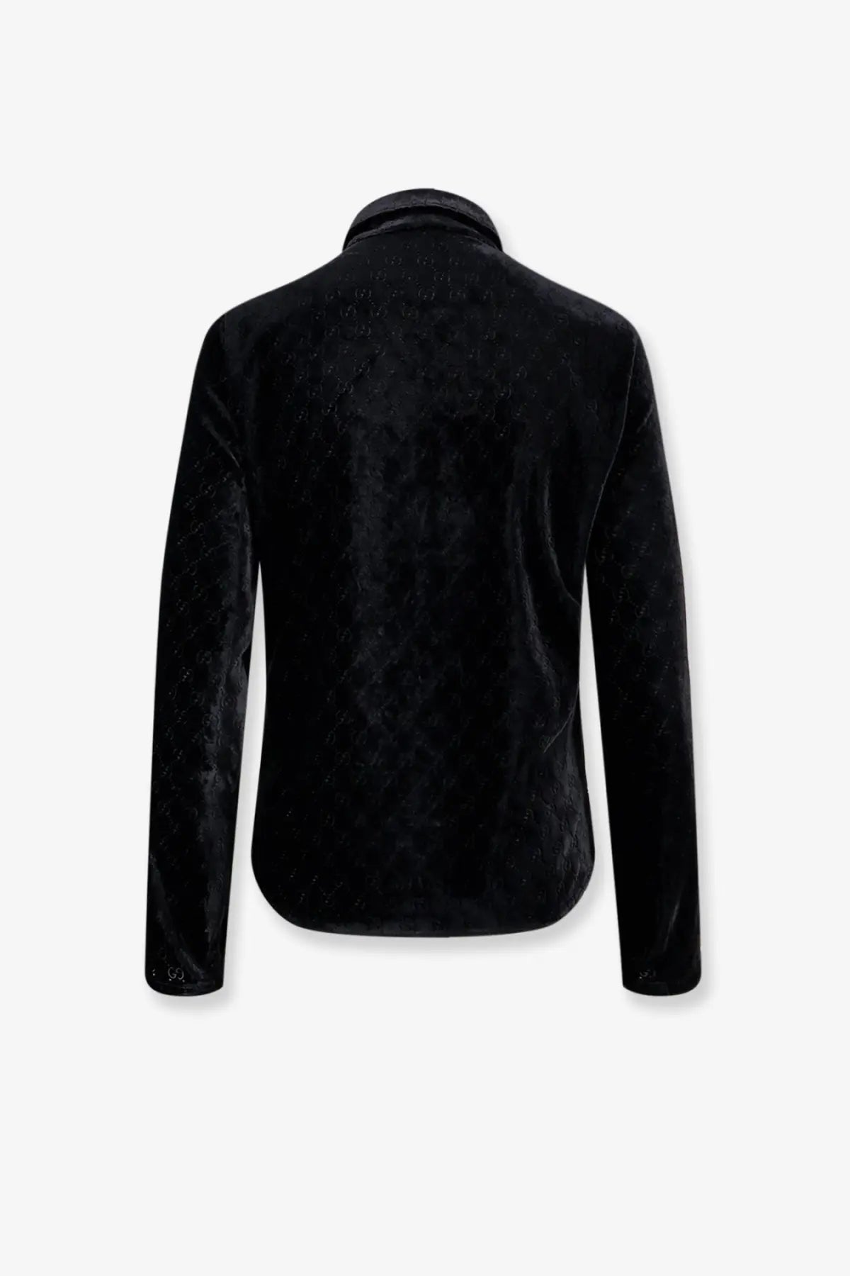 Gucci men’s black velvet blazer with subtle textured stretch GG évoré pattern for a stylish look