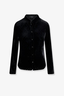 Black velvet Gucci men’s button-up shirt with stretch fabric and subtle interlocking GG logo pattern in black color