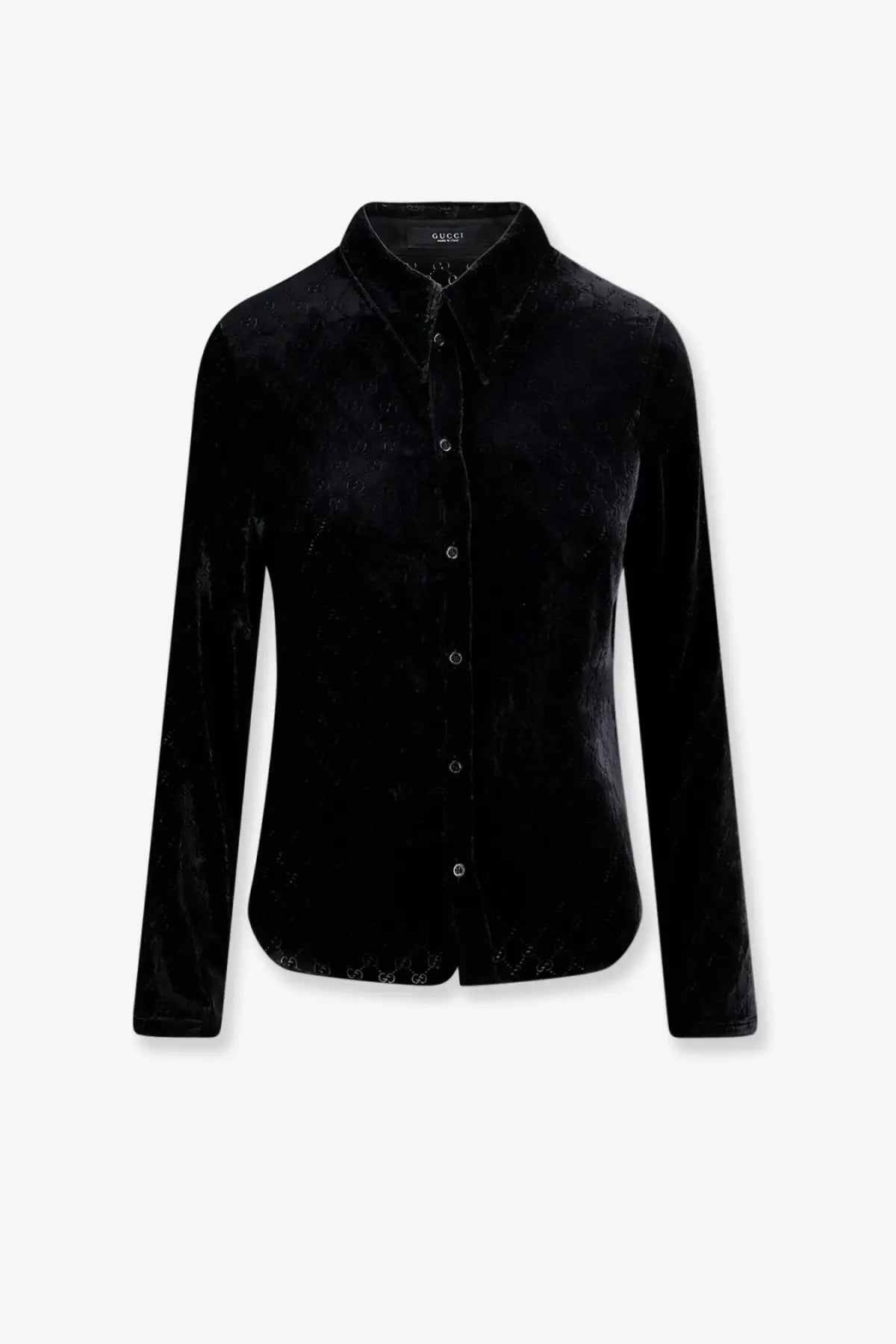 Black velvet Gucci men’s stretch button-up shirt in black with subtle interlocking GG logo pattern