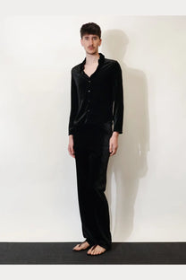 Gucci men’s stretch gg évoré black velvet pajama set with button-down shirt and wide-leg pants