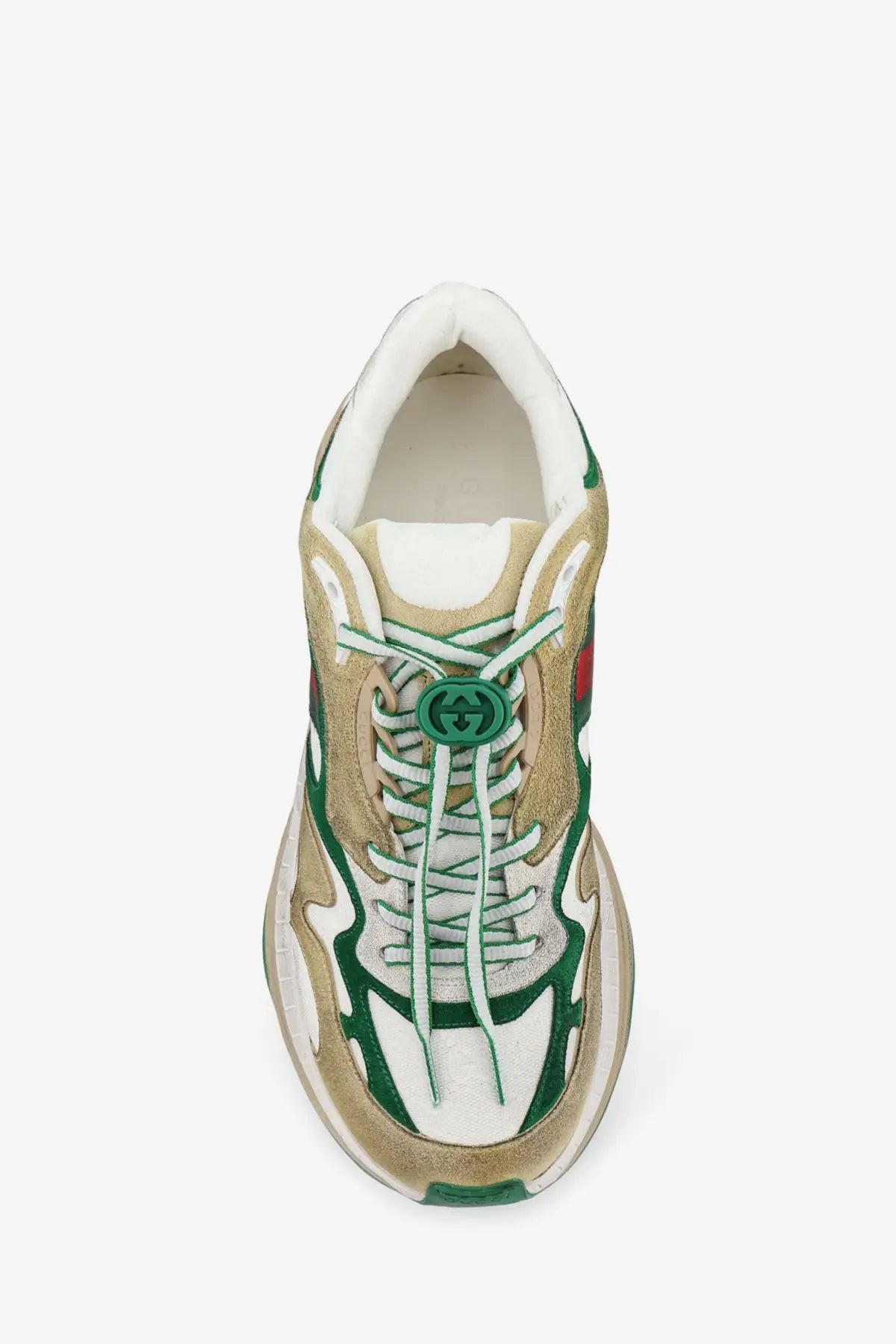 Gucci men’s suede sneakers van gw in green and beige with chunky sole white laces and branding on the tongue