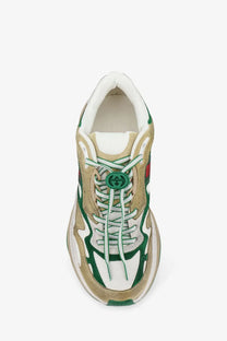 Gucci men’s suede sneakers van gw in green and beige with chunky sole white laces and branding on the tongue
