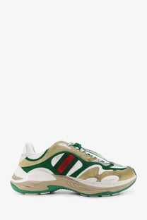 Gucci men’s suede sneakers van gw in green and beige with red stripe featuring suede and mesh athletic design