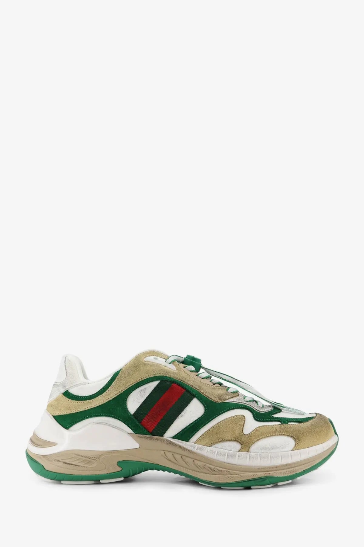 Gucci men’s suede sneakers van gw in green and beige with bold red stripe featuring suede and mesh materials