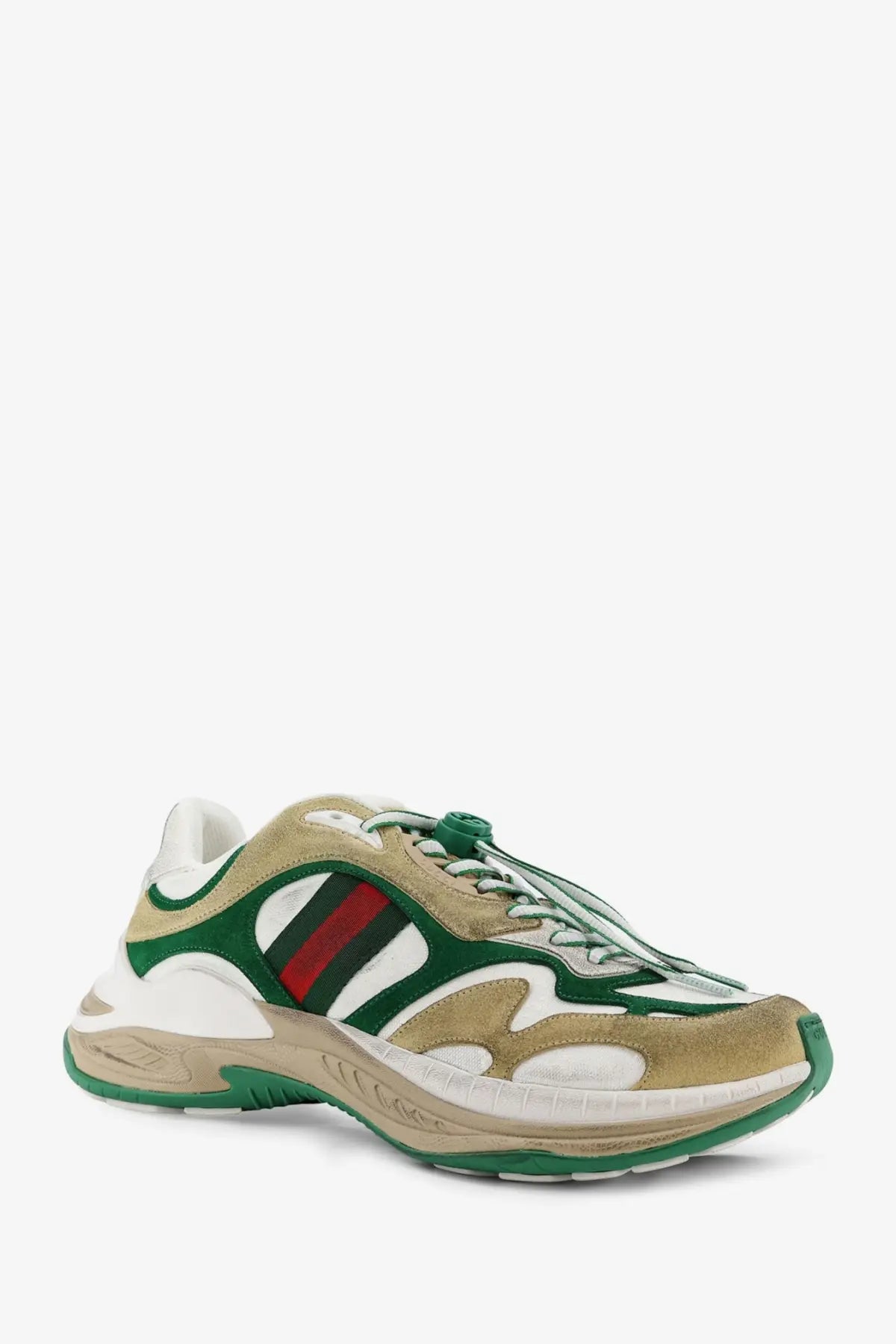 Gucci men’s suede sneakers VAN GW in green and beige with red stripe detailing on the front side