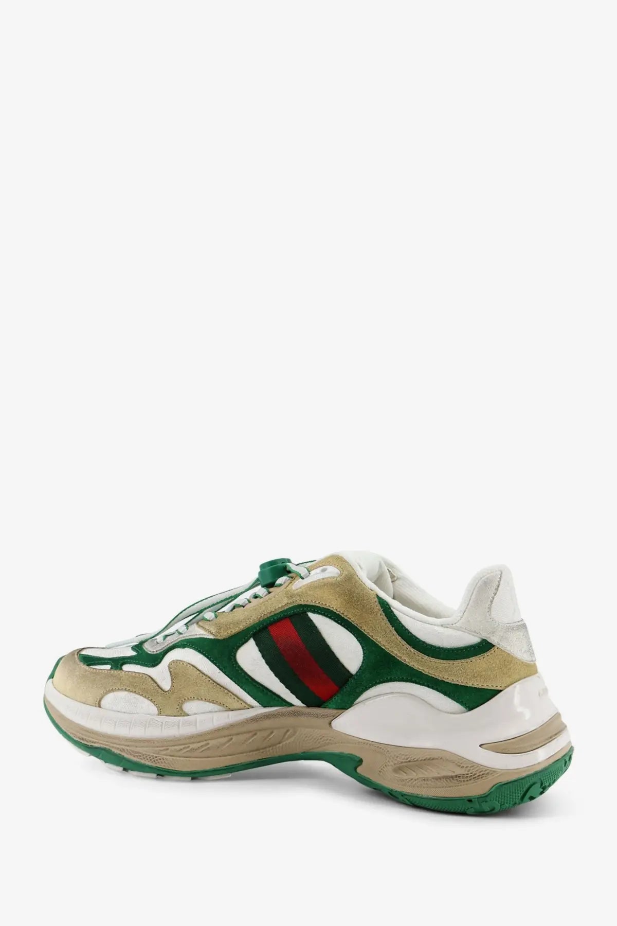 Gucci men’s suede sneakers van gw in green and beige with red and black striped accents