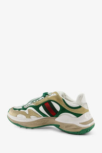 Green and beige gucci men’s suede sneakers van gw with red and black striped accents