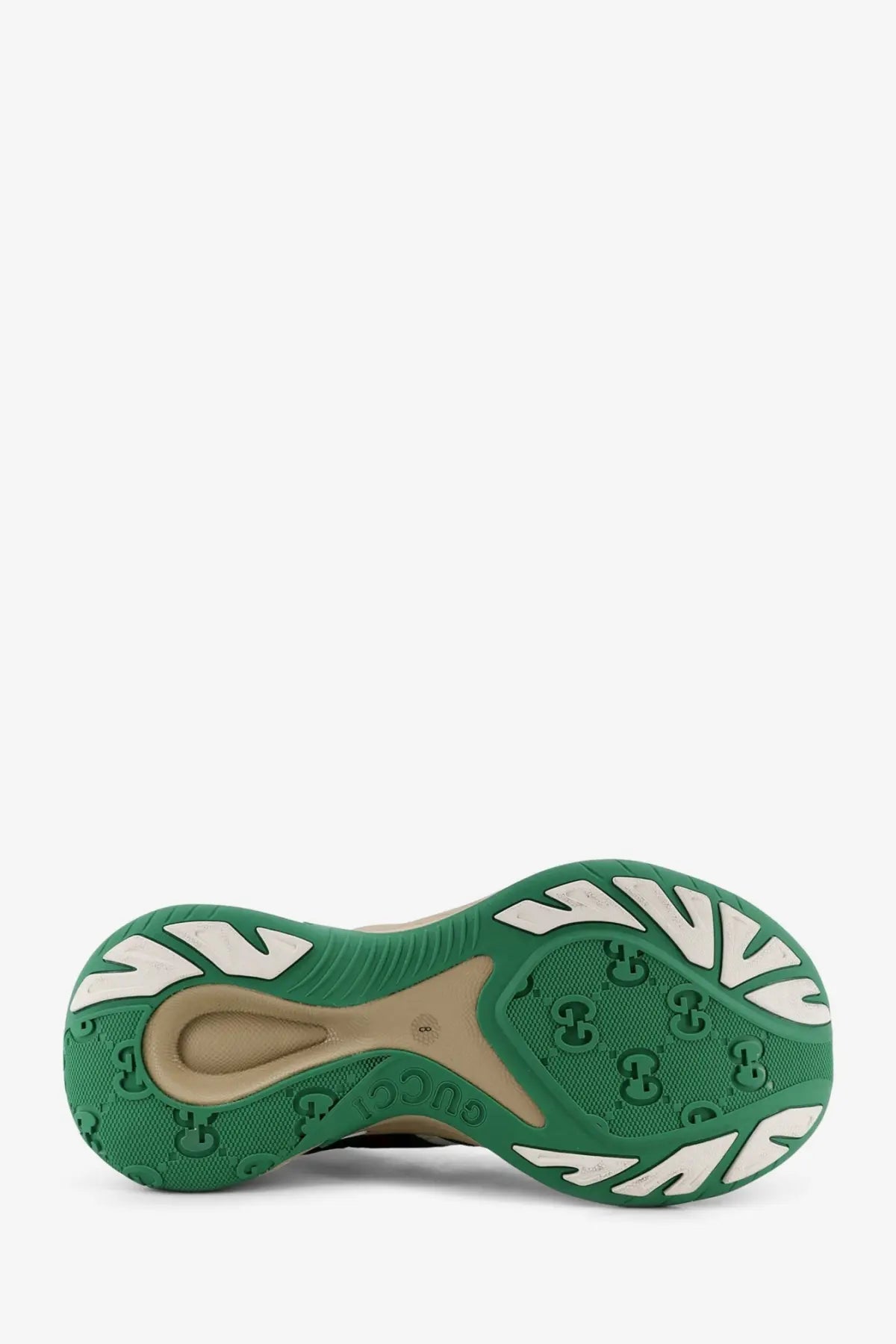 Green and white rubber sole with distinctive Gucci logo pattern on Gucci men’s suede sneakers van GW back side