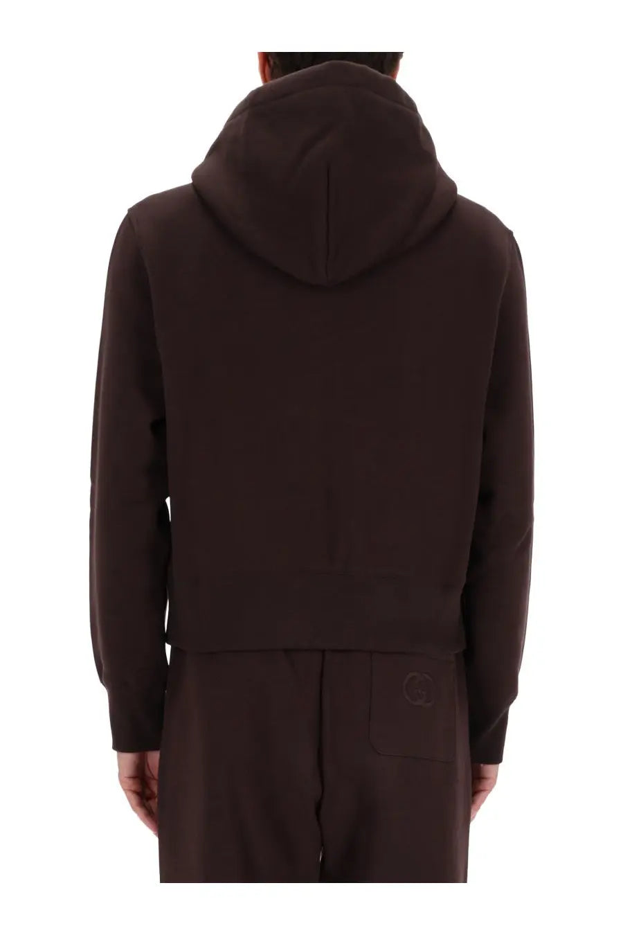 Dark brown Gucci men’s hooded sweatshirt showing the back with a subtle logo on the back pocket
