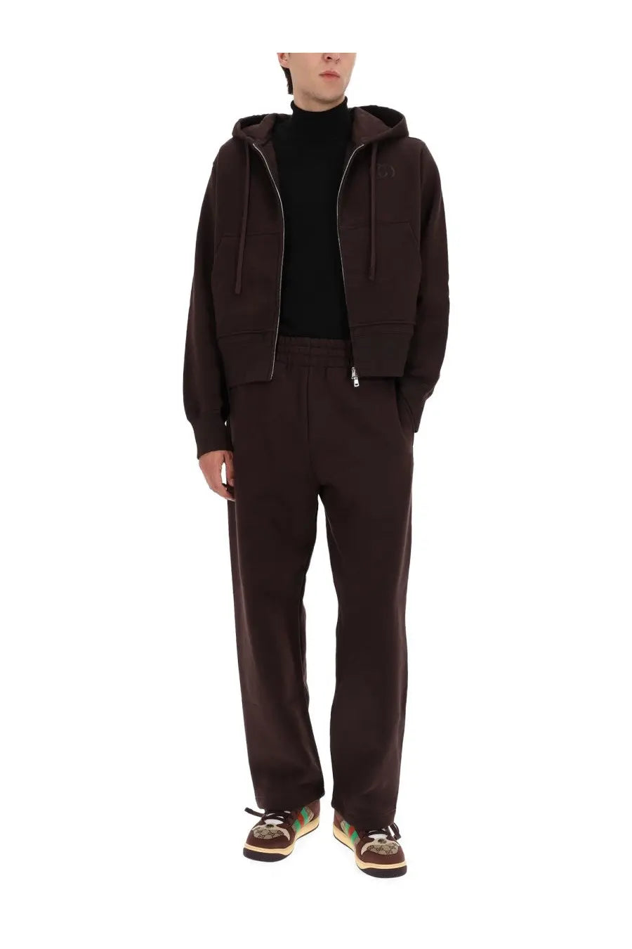 Gucci men’s dark brown hooded zip-up jacket with ribbed cuffs waistband and small embroidered logo on left chest