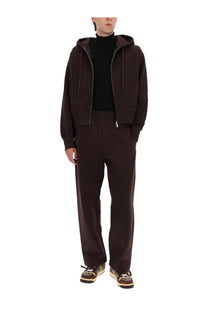 Gucci men’s dark brown hooded zip-up jacket with ribbed cuffs waistband and small embroidered logo on left chest