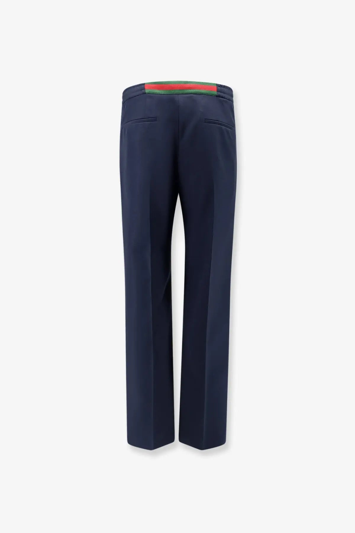 Gucci men’s technical panama navy blue trousers with a distinctive red and green striped waistband