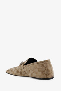 Beige Gucci men’s vintage effect loafers with gg fabric monogram pattern and metallic horsebit detail