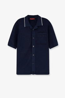 Gucci men’s dark navy viscose blend short-sleeved knit cardigan with white-trimmed collar and button closure