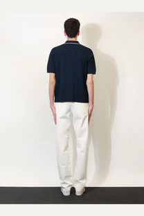 Gucci men’s viscose blend navy blue polo shirt with white trim on collar and short sleeves