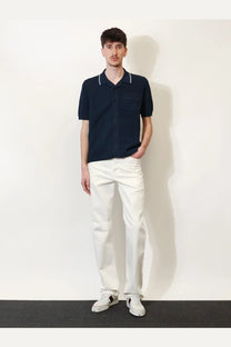 Gucci men’s navy blue viscose blend polo shirt with white contrast trim on collar and placket short sleeves