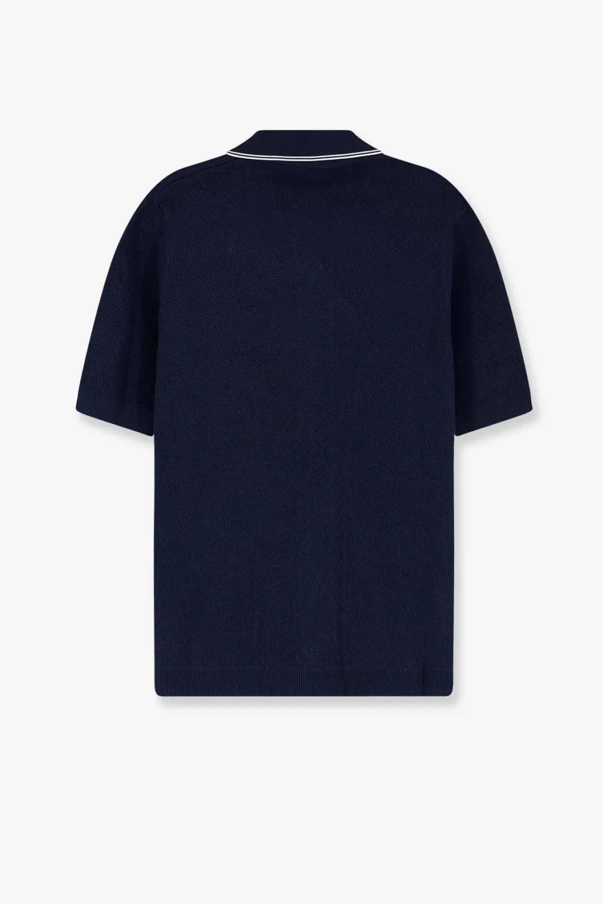 Gucci men’s viscose blend navy blue short-sleeved knit polo shirt with white trim along the collar