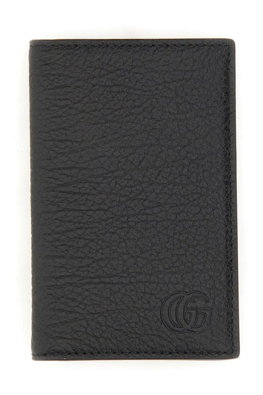 Black textured leather Gucci men’s wallet with embossed interlocking gg logo front view