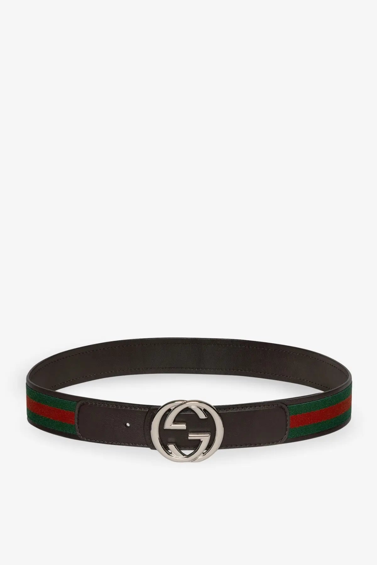 Gucci men’s web fabric and leather belt with black leather, red and green striped webbing, and silver interlocking GG buckle