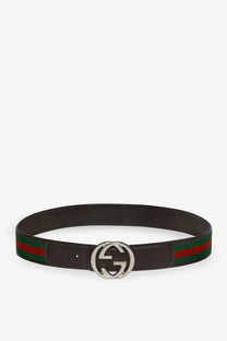 Gucci men’s web fabric and leather belt with black leather, red and green striped webbing, and silver interlocking GG buckle