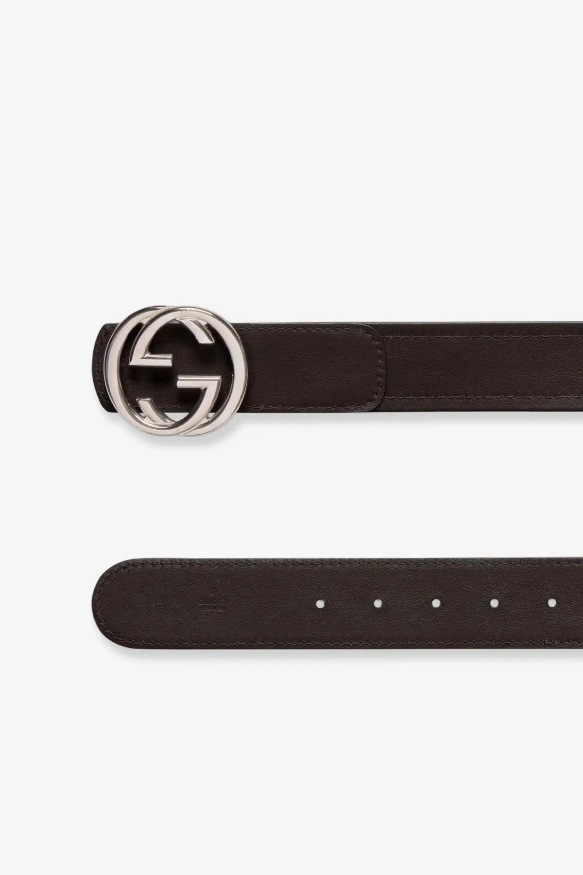 Dark brown leather Gucci men’s belt with polished silver-toned interlocking GG buckle in gold web fabric detail