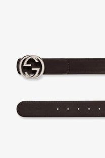 Dark brown leather Gucci men’s belt with polished silver-toned interlocking GG buckle in gold web fabric detail
