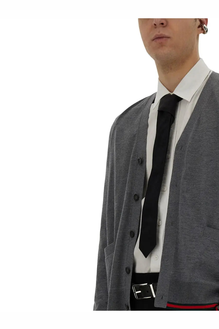 Gray textured knit cardigan with black buttons and red trim at waistband in gucci men’s web pattern cardigan blue product
