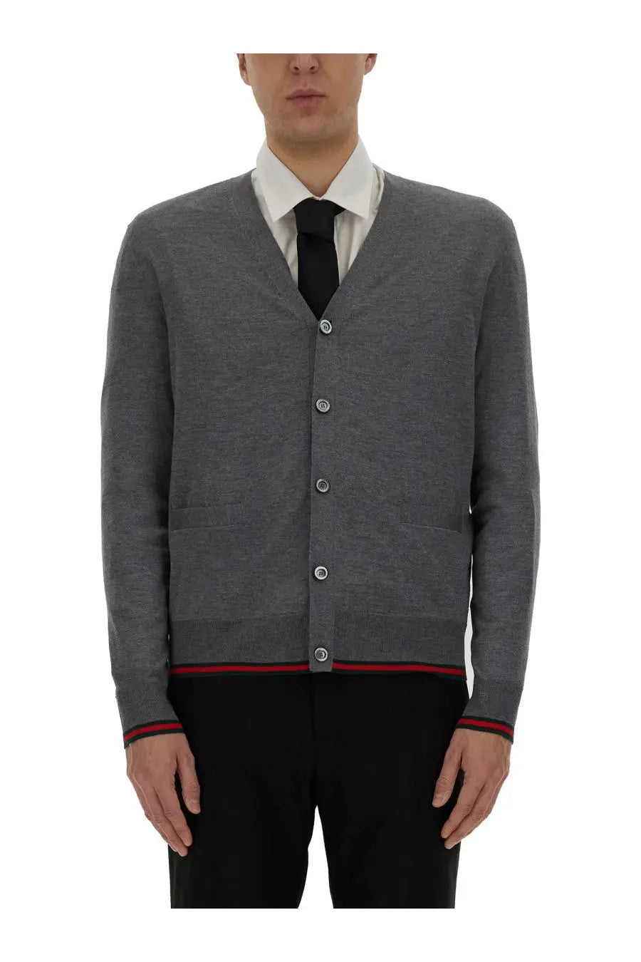 Gucci men’s blue knit cardigan with web pattern featuring gray textured fabric and red black trim on cuffs hem and placket