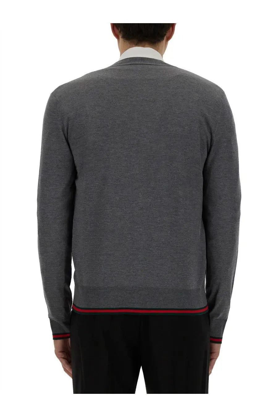 Gucci men’s blue web pattern cardigan with gray textured knit and red and black trim on cuffs and hem