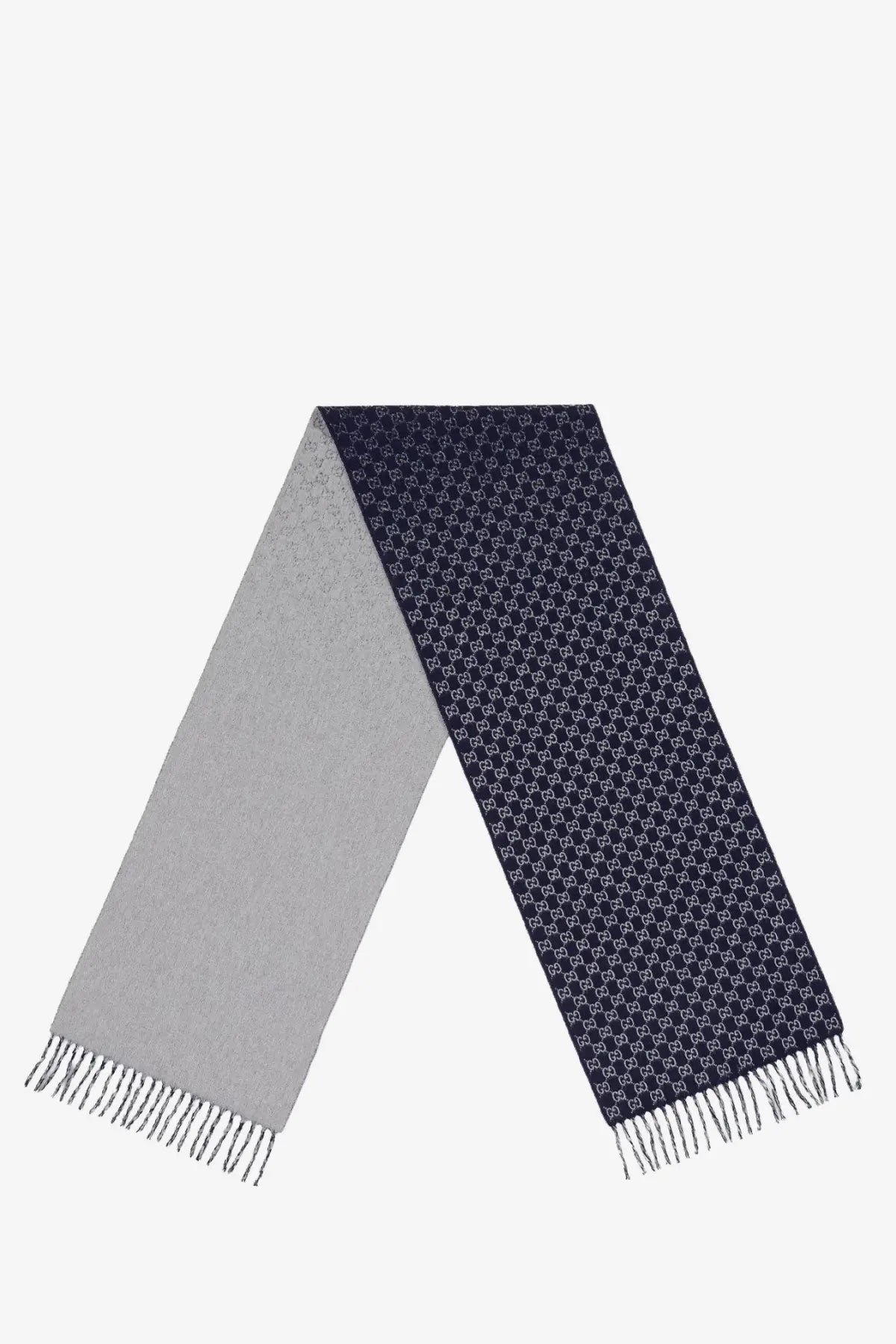 Navy blue and gray Gucci men’s wool and cashmere scarf with repeating interlocking G logo pattern and fringed ends