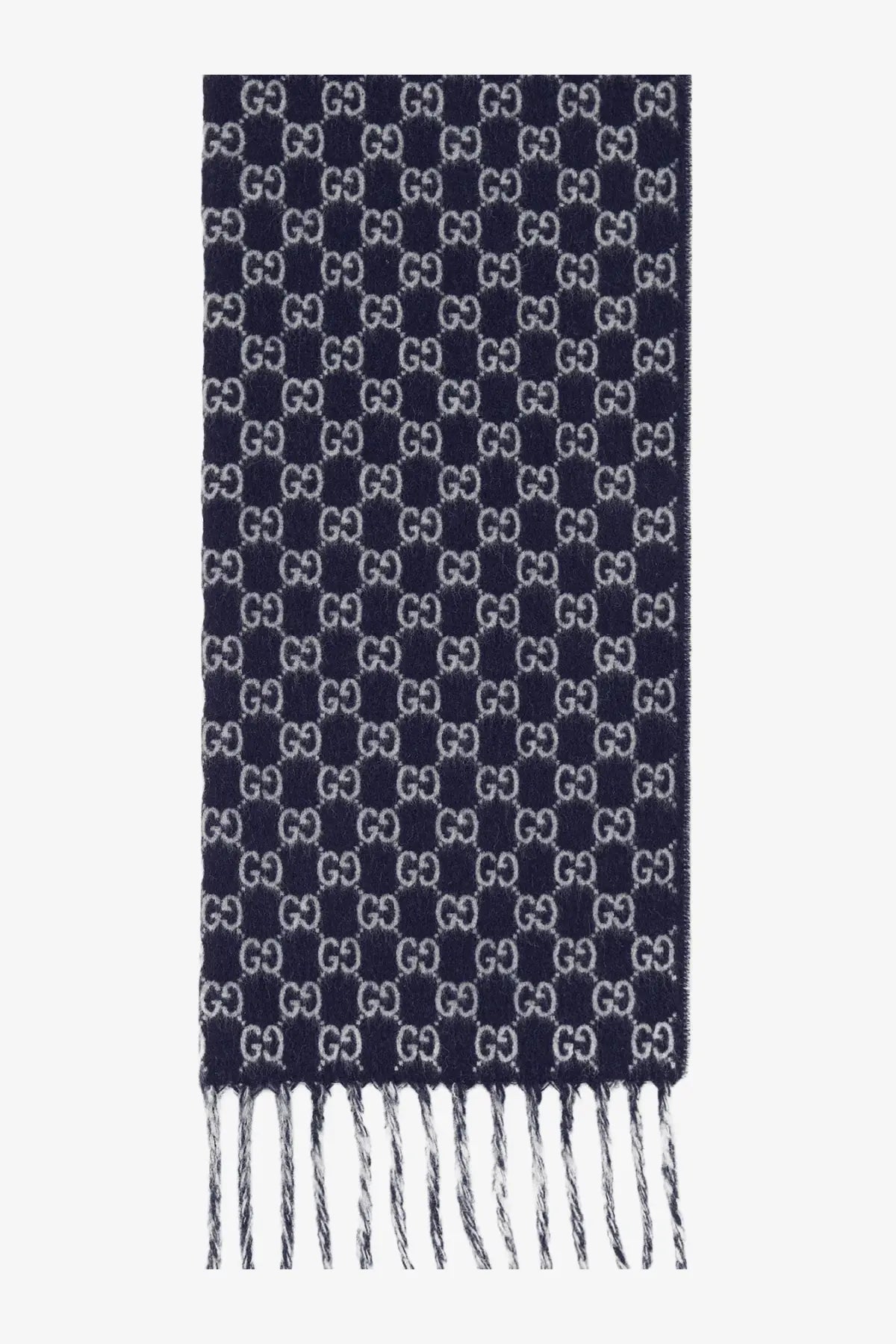 Navy blue Gucci men’s wool and cashmere scarf with white interlocking GG logo pattern and fringed edges