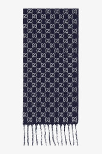 Navy blue Gucci men’s wool and cashmere scarf with white interlocking GG logo pattern and fringed edges