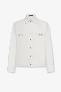 Gucci men’s white denim jacket with silver horsebit-style hardware on chest pockets in white denim material