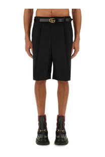 Black wool blend twill shorts with pleats and matching Gucci belt featuring gold-toned double G logo