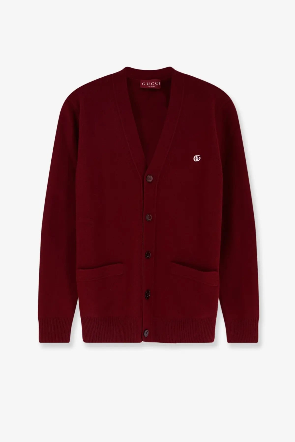 Gucci men’s wool and cashmere cardigan in rich burgundy with classic v-neck and embroidered logo on left chest