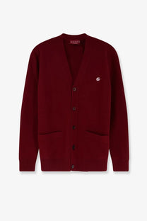 Gucci men’s wool and cashmere cardigan in rich burgundy with classic v-neck and embroidered logo on left chest