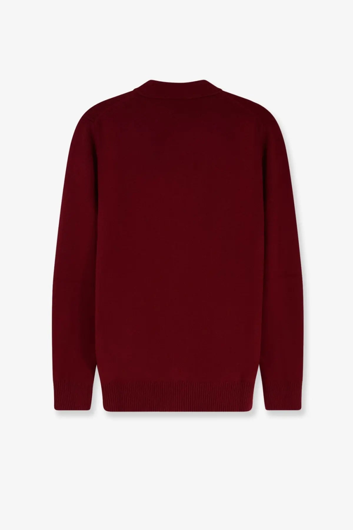 Gucci men’s wool and cashmere cardigan in rich burgundy with smooth knitted texture and ribbed cuffs